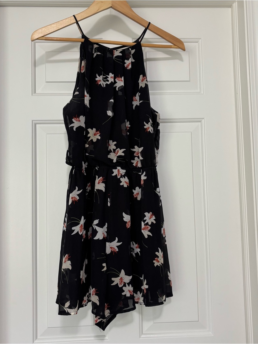 Lush Black Floral High-Neck Halter Romper Dress